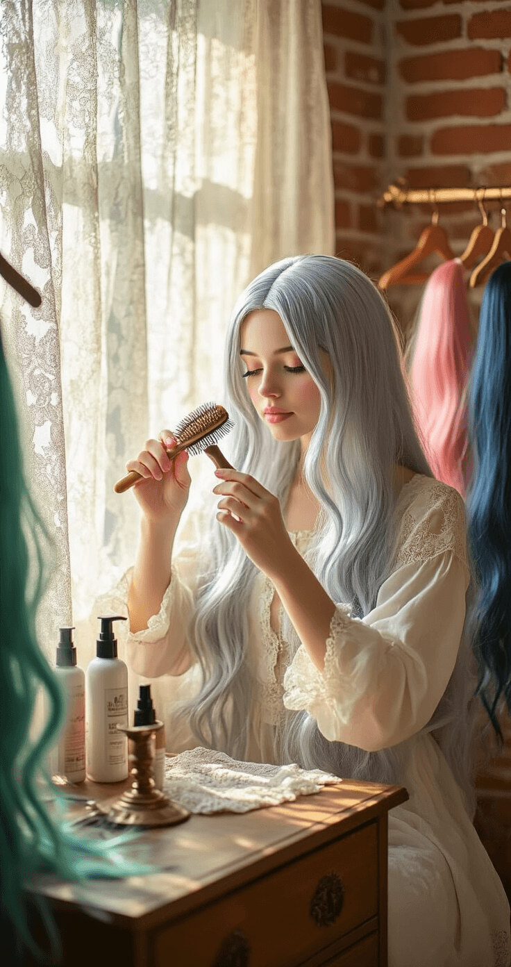 Ultimate Guide to Cosplay Wig Care: Secrets Pro Cosplayers Know A young woman brushes a long silver cosplay wig in her cozy styling corner, illuminated by warm afternoon light filtering through vintage lace curtains. Colorful wigs in emerald green, cotton candy pink, and midnight blue are displayed on brass wig stands, while an antique wooden dresser holds organized styling tools and shampoo bottles, creating a serene and bohemian-chic atmosphere.