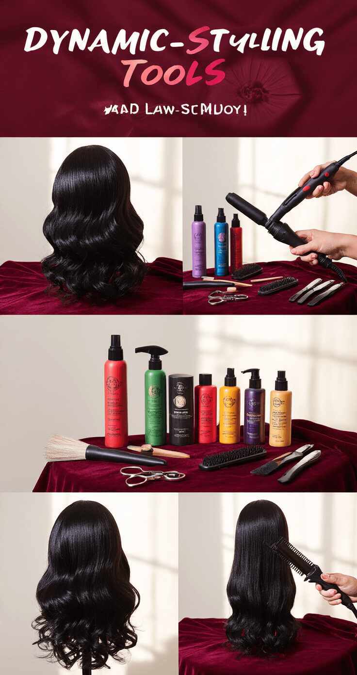 Ultimate Guide to Cosplay Wig Care: Secrets Pro Cosplayers Know A bright and inviting craft room filled with burgundy velvet displaying a black cosplay wig being styled with heat tools, surrounded by an organized array of colorful professional styling products and tools, highlighting a blend of creativity and technical skill.