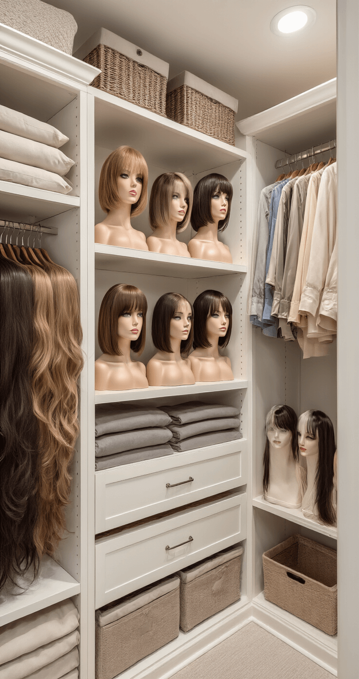 Ultimate Guide to Cosplay Wig Care: Secrets Pro Cosplayers Know An organized wig storage sanctuary featuring a custom closet with ambient lighting, displaying various wig styles on stands. The setup includes breathable dust covers, silk storage bags, climate-controlled shelving, and protections like loose braids and UV-filtering window treatments, all in neutral, calming colors.