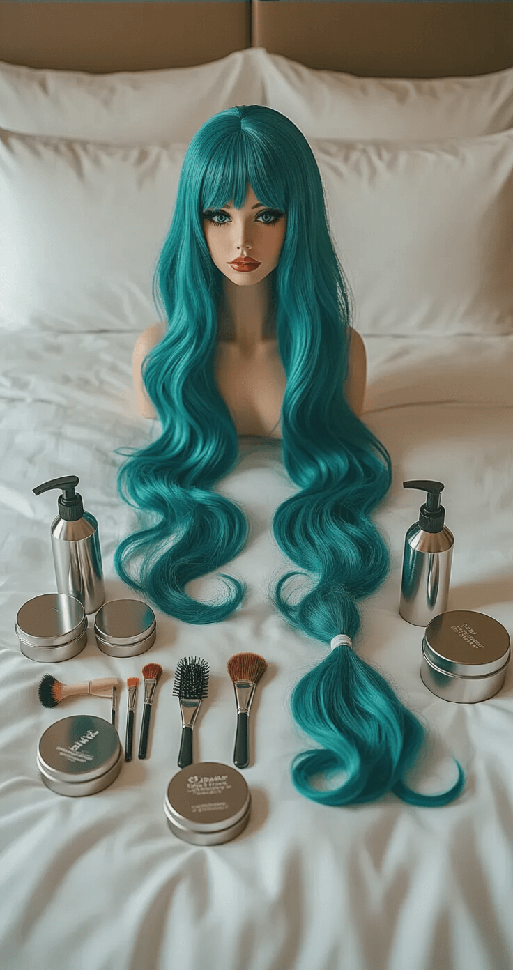 Ultimate Guide to Cosplay Wig Care: Secrets Pro Cosplayers Know Flat lay of a hotel bed featuring a teal cosplay wig at the center, surrounded by travel-sized wig maintenance essentials like mini brushes, compact detangling sprays, bobby pins, and styling products, all arranged on crisp white linens with bright overhead lighting.