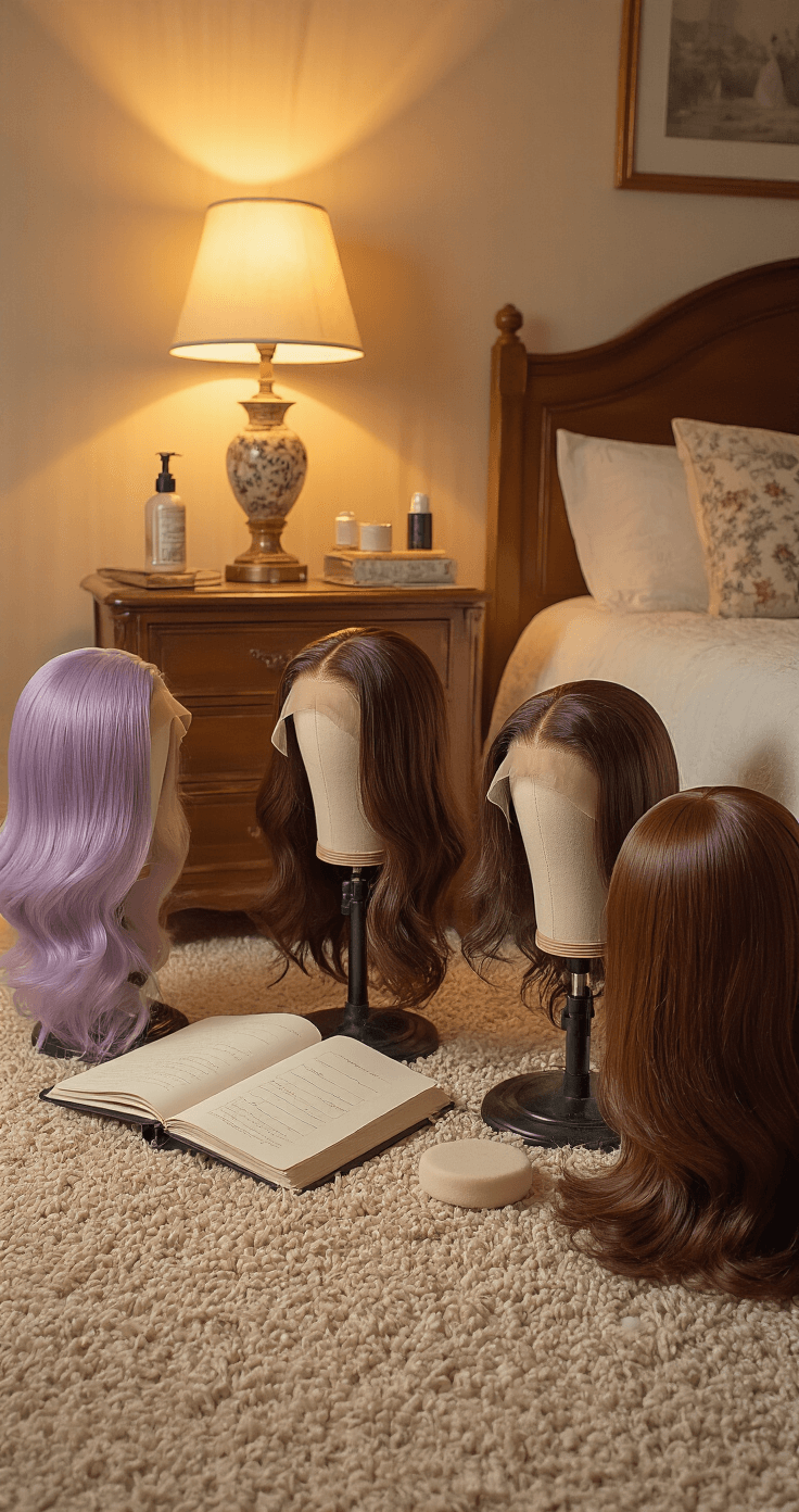 Ultimate Guide to Cosplay Wig Care: Secrets Pro Cosplayers Know Cozy bedroom scene with multiple wigs on padded stands, showcasing a rainbow of colors from pastel lavender to chocolate brown. A care journal and gentle cleaning supplies are nearby, surrounded by vintage furniture and styling tools, all illuminated by warm lamplight. The atmosphere is intimate and serene, emphasizing self-care and wig maintenance.