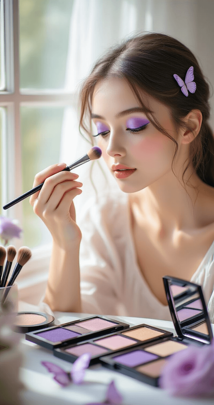 Shinobu Kocho Cosplay Makeup: The Ultimate Step-by-Step Guide Close-up shot of a young woman applying purple eyeshadow at a vanity table, surrounded by organized makeup tools and delicate butterfly hair clips, illuminated by soft natural morning light.