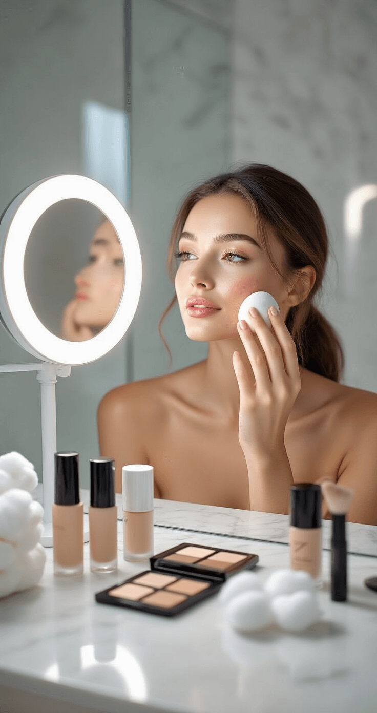 Shinobu Kocho Cosplay Makeup: The Ultimate Step-by-Step Guide A woman applying pale foundation with a beauty sponge in a bright bathroom, illuminated by a ring light, with a clean white marble countertop featuring neatly arranged makeup products including cotton pads, concealer tubes, and blending tools, all under high-key lighting from an overhead angle.