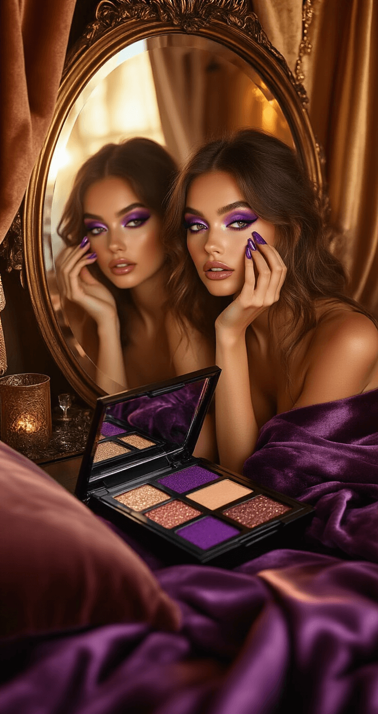 Shinobu Kocho Cosplay Makeup: The Ultimate Step-by-Step Guide Woman applying dramatic eye makeup at an intimate bedroom vanity during golden hour, with a vintage mirror reflecting her focused expression. The scene features soft velvet cushions and silk scarves, warm amber lighting, and a palette of purple shimmer, creating a cozy and dreamy atmosphere accented with jewel tones and metallics.