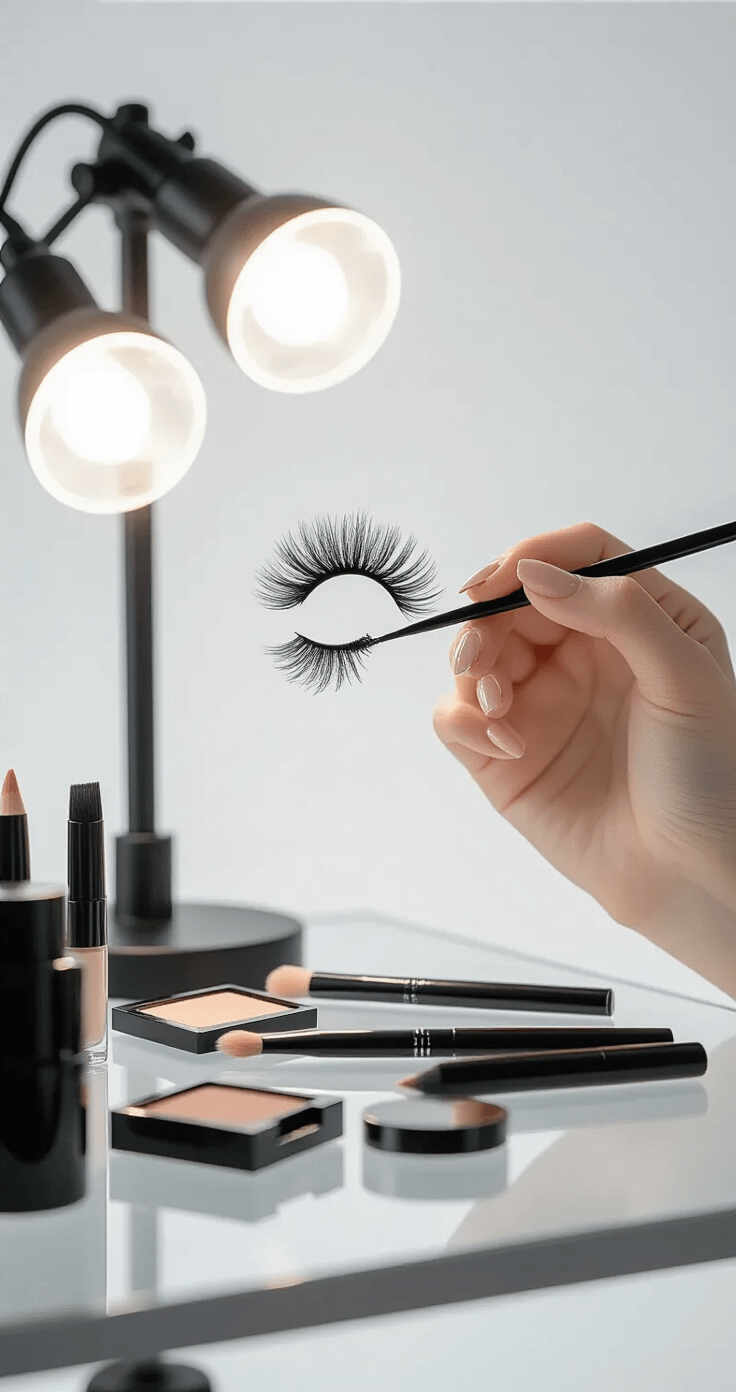 Shinobu Kocho Cosplay Makeup: The Ultimate Step-by-Step Guide A woman applies dramatic false lashes with tweezers at a professional makeup station featuring Hollywood-style bulb lighting, surrounded by organized black eyeliner pencils and lash adhesive on a glass surface, against a crisp white backdrop that highlights her precise technique in a clean studio atmosphere.