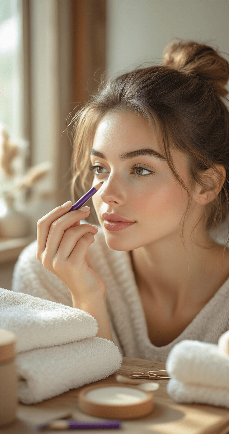 Shinobu Kocho Cosplay Makeup: The Ultimate Step-by-Step Guide A woman shapes her eyebrows with a purple-tinted pencil at a wooden vanity, surrounded by cotton towels, hair clips, and grooming tools in a soft diffused sunlight setting, creating a calm and wellness-focused morning routine atmosphere.