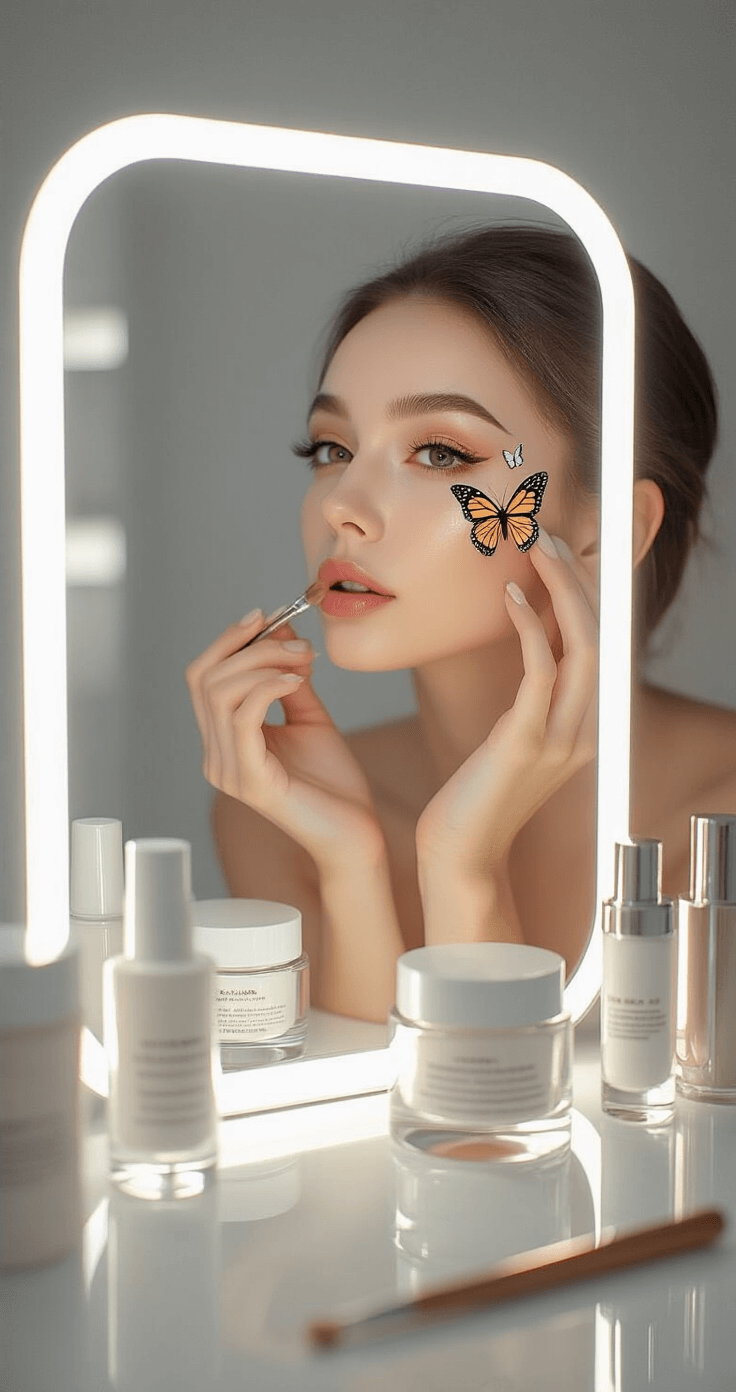 Shinobu Kocho Cosplay Makeup: The Ultimate Step-by-Step Guide A woman applies butterfly face decals near her temple in a modern bathroom with LED mirror lighting, showcasing high-end skincare products and metallic tools on minimalist surfaces, all under bright clinical lighting that highlights the artistry of her cosplay makeup transformation.