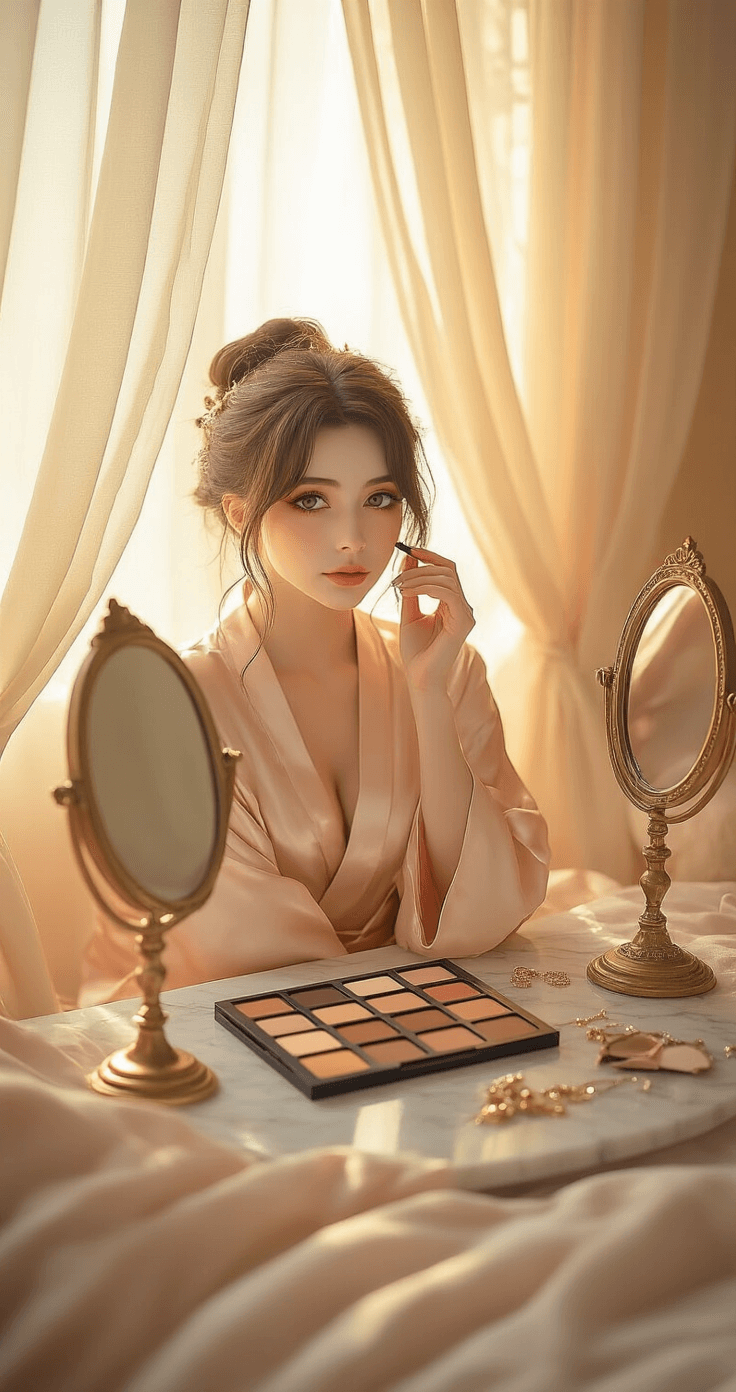 Dazai Osamu Cosplay Makeup: Your Ultimate Anime Transformation A serene golden hour bedroom scene with a female cosplayer in a silk robe applying Dazai makeup at a vintage vanity mirror, surrounded by organized makeup palettes, delicate jewelry, and soft textures, bathed in warm peachy light.