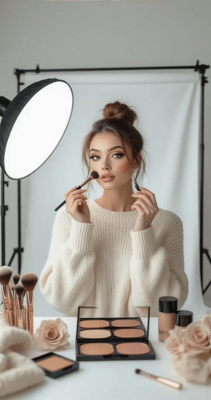 Dazai Osamu Cosplay Makeup: Your Ultimate Anime Transformation A female model in an oversized cream sweater applies cosplay makeup in a bright minimalist studio with a white backdrop and ring lighting, surrounded by luxurious makeup brushes and neutral-toned palettes, showcasing a clean monochrome aesthetic with subtle rose gold accents.