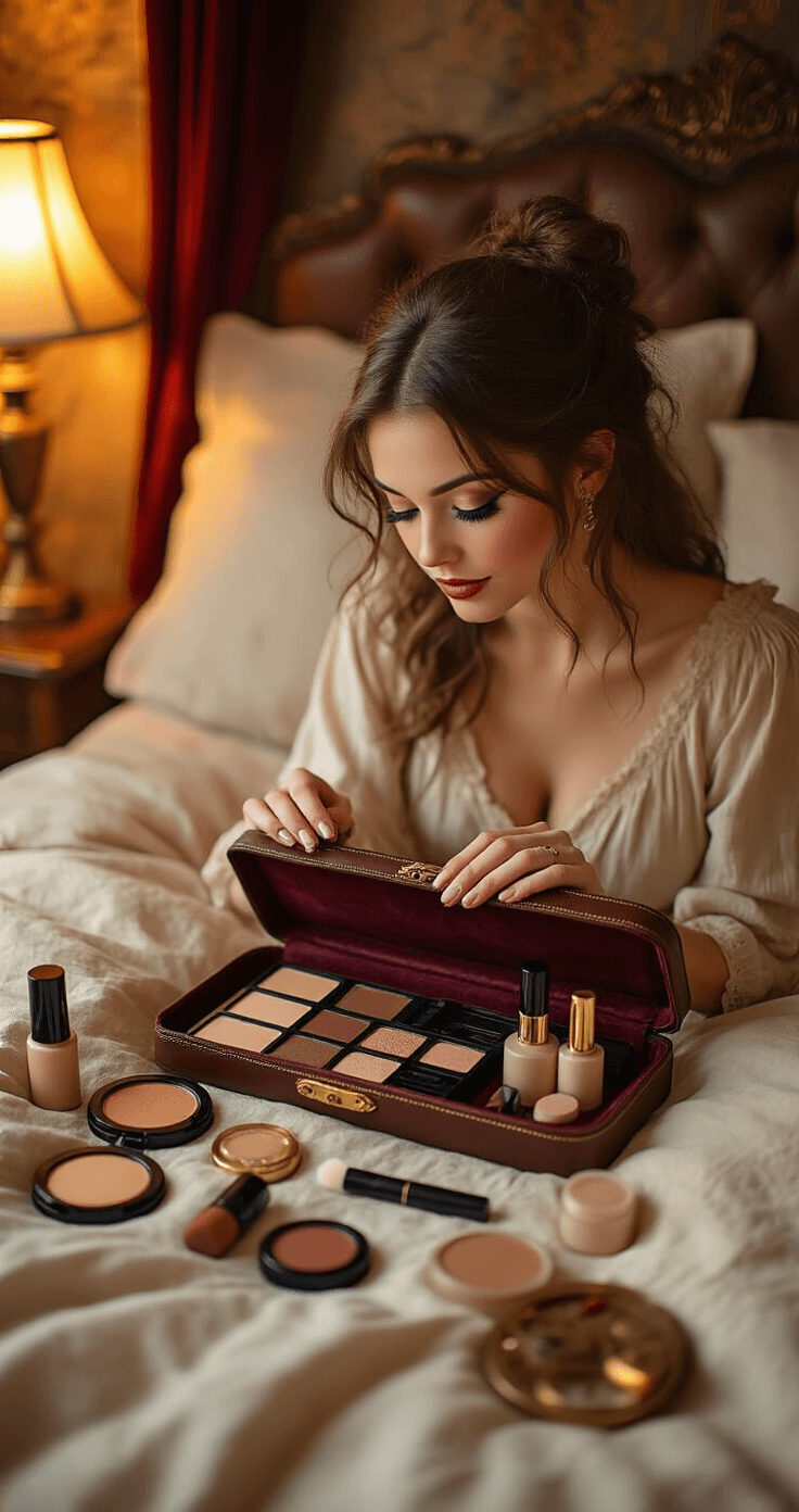 Dazai Osamu Cosplay Makeup: Your Ultimate Anime Transformation A cozy bedroom scene illuminated by warm amber lighting, featuring a female cosplayer organizing her makeup kit in a vintage leather case surrounded by soft linens. The overhead shot captures brown eyeshadow compacts, mascara tubes, and pale foundation bottles neatly arranged, complemented by burgundy velvet textures and brass accents that enhance the intimate atmosphere.