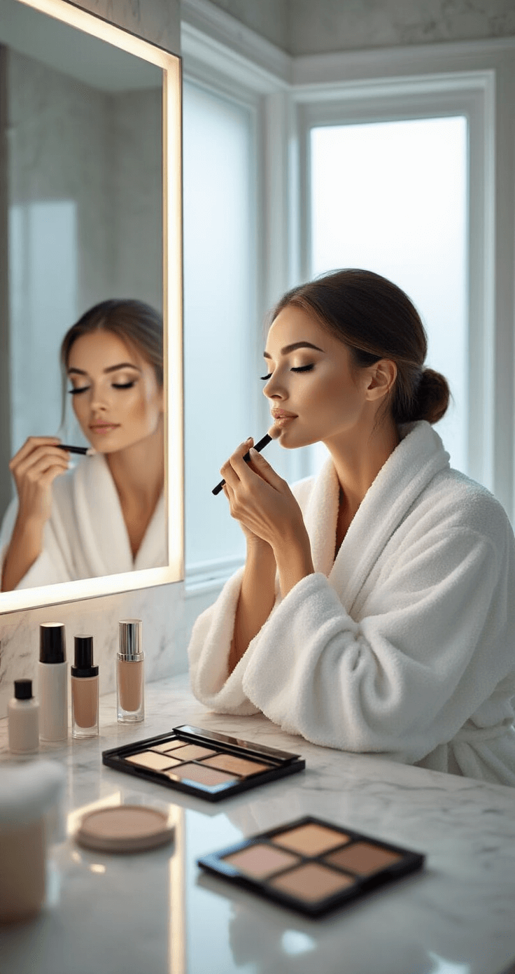 Dazai Osamu Cosplay Makeup: Your Ultimate Anime Transformation A female model in a plush cotton bathrobe applies makeup at an illuminated mirror in a spacious modern bathroom, with natural daylight filtering through frosted windows and high-quality beauty products displayed on a marble countertop.