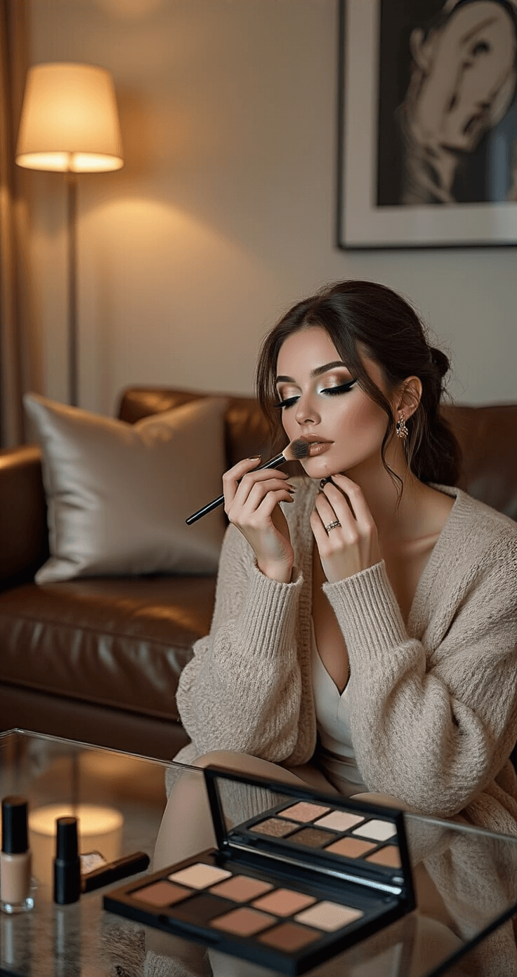 Dazai Osamu Cosplay Makeup: Your Ultimate Anime Transformation A chic urban apartment living room with soft evening lighting, featuring a female cosplayer in a cashmere cardigan applying eye makeup at a glass coffee table adorned with professional makeup brushes, eyeliners, and subtle eyeshadow palettes, surrounded by smooth leather furniture and silk throw pillows in neutral tones.