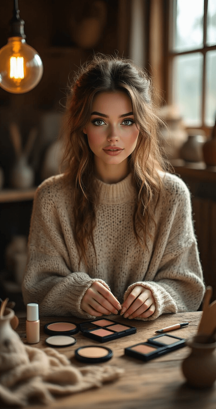 Dazai Osamu Cosplay Makeup: Your Ultimate Anime Transformation A female cosplayer in a cozy knit sweater demonstrates budget-friendly makeup techniques in a warmly lit creative studio, surrounded by drugstore cosmetics and DIY tools on a rustic wooden table, emphasizing resourcefulness and authenticity.