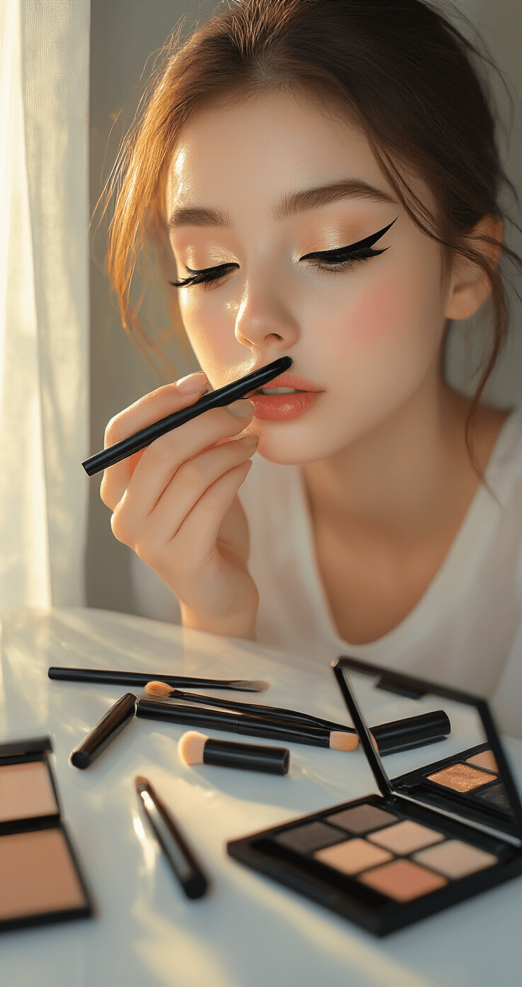 Anime Eyes Makeup for Cosplay: Transform Your Look in 11 Epic Steps Close-up of a young woman applying bold anime-style eyeliner at a minimalist vanity, illuminated by warm golden hour sunlight, with makeup tools artfully arranged around her.