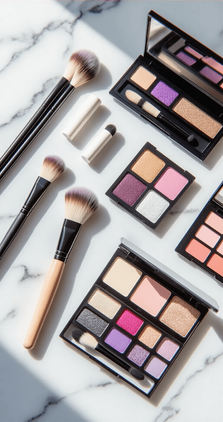 Anime Eyes Makeup for Cosplay: Transform Your Look in 11 Epic Steps Flat lay of essential anime cosplay makeup tools on a marble vanity, featuring black liquid eyeliners, white pencil liners, dramatic false eyelashes, neutral eyeshadow palettes, and professional brushes, accented with pastel pink and lavender touches in midday natural light.