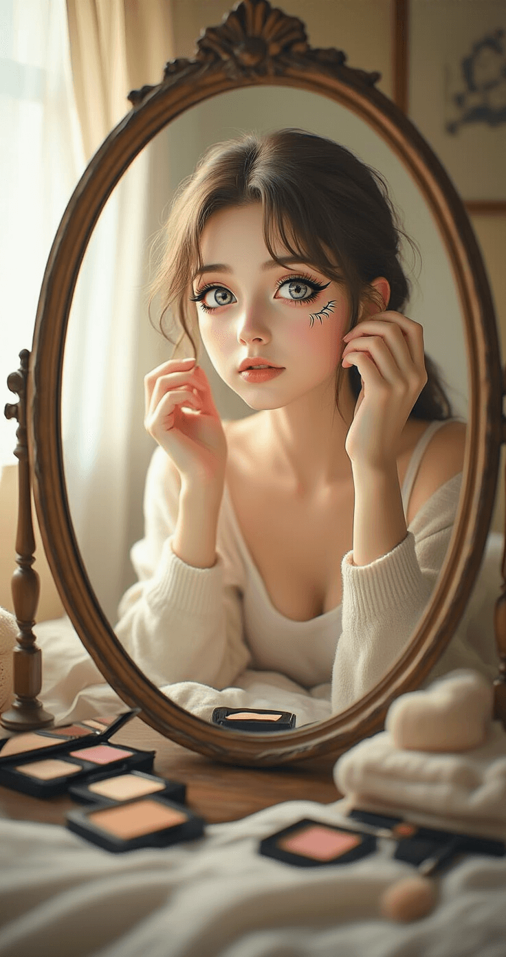 Anime Eyes Makeup for Cosplay: Transform Your Look in 11 Epic Steps Young woman in loungewear admiring her anime-inspired eye makeup transformation in a vintage mirror, with dramatic cat-eye liner and enlarged eyes, surrounded by scattered makeup products in a cozy, softly lit bedroom.