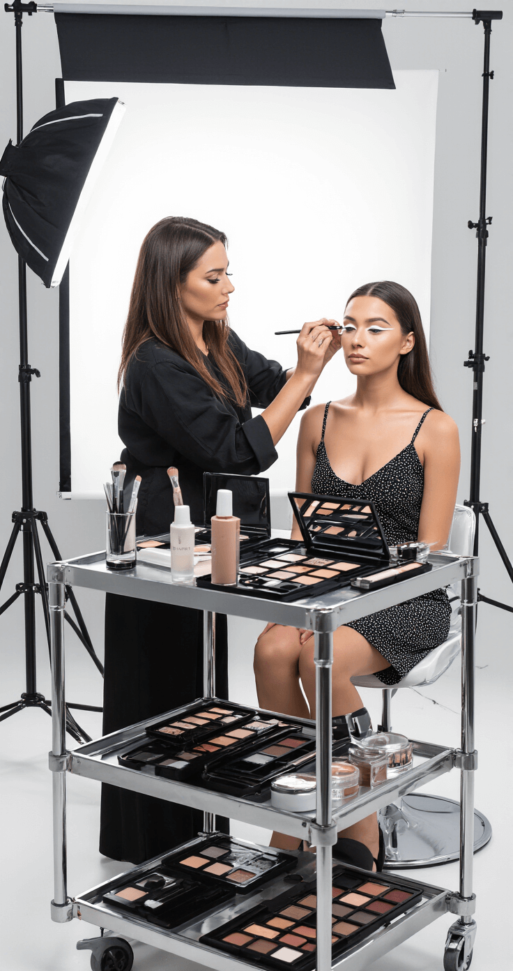 Anime Eyes Makeup for Cosplay: Transform Your Look in 11 Epic Steps A professional makeup artist applies white eyeliner to a model's waterline in a bright studio with a clean white backdrop and professional lighting, showcasing precise technique and focused expressions, with high-end makeup tools arranged on a sleek metal cart.