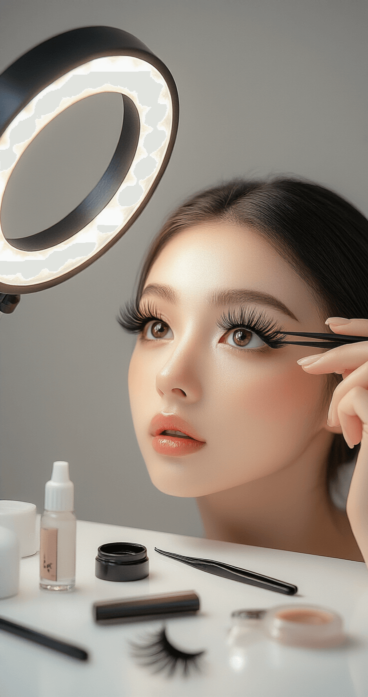 Anime Eyes Makeup for Cosplay: Transform Your Look in 11 Epic Steps Close-up of a model applying dramatic anime-style false eyelashes at a modern vanity, surrounded by tools like tweezers and lash glue, with even daylight illumination highlighting the intricate textures of the lashes.