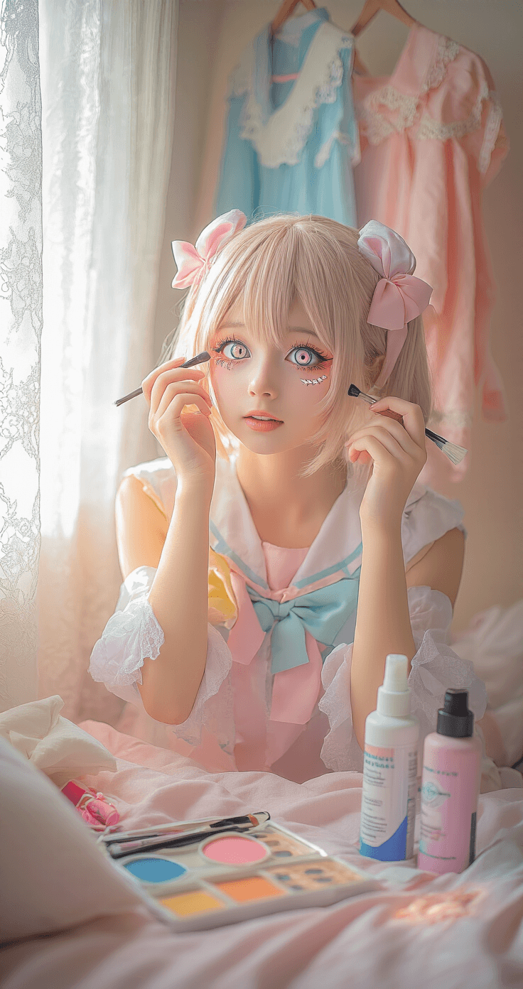 Anime Eyes Makeup for Cosplay: Transform Your Look in 11 Epic Steps Young cosplayer in a pastel-colored bedroom is adding final touches to anime eye makeup, with soft morning light filtering through lace curtains. Character costume pieces hang nearby, alongside colored contact lenses, setting spray bottles, and makeup brushes, capturing an authentic preparation scene with an excited, focused expression.