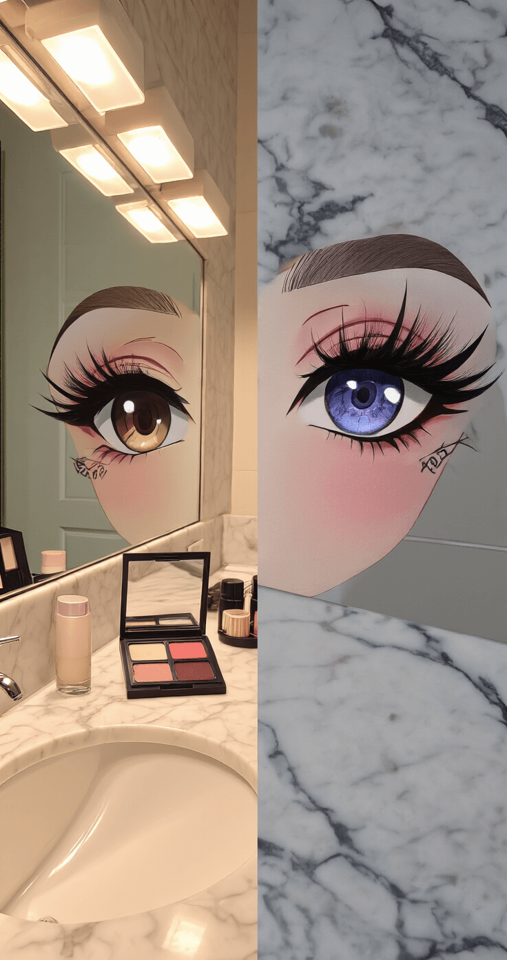 Anime Eyes Makeup for Cosplay: Transform Your Look in 11 Epic Steps Before-and-after image of anime eye makeup transformation on a marble bathroom counter, featuring bright vanity lighting. The left side shows a natural look, while the right displays dramatic anime eyes with cat-eye liner, false lashes, and character details, highlighting professional makeup artistry.
