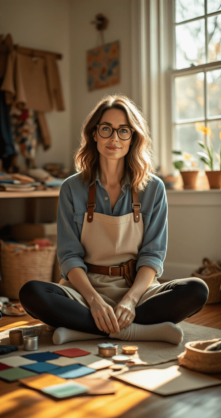 A creative mother sits cross-legged on a sunlit hardwood floor surrounded by craft materials, wearing a chambray shirt, black leggings, and cozy knit socks. She has a leather tool belt, vintage tortoiseshell glasses, and a paint-stained apron, with an array of colorful supplies around her. Warm natural light enhances the vibrant textures of felt, cardboard, and fabric scraps as she engages in a hands-on DIY project.