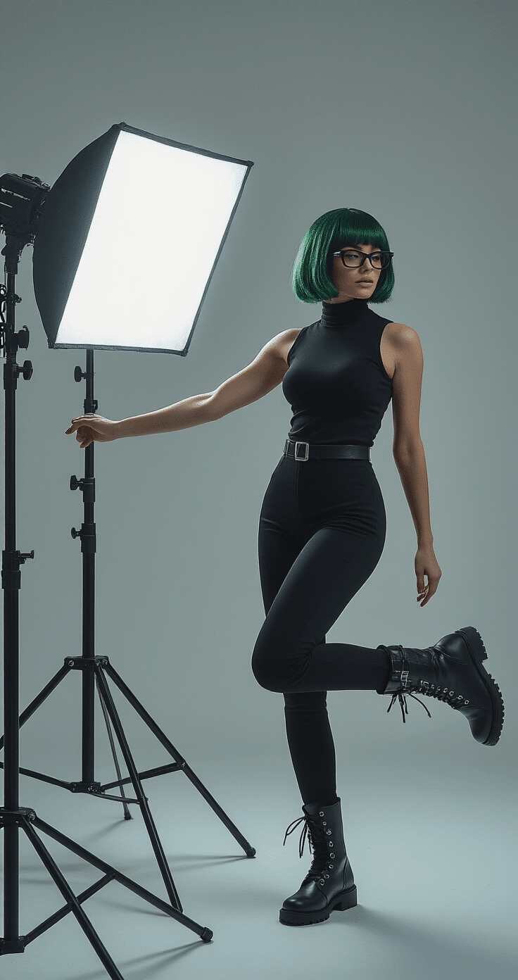 Ultimate Guide to Maki Zenin Cosplay: Nailing the Jujutsu Kaisen Look A woman in a black sleeveless turtleneck and high-waisted straight-leg pants poses confidently in a photography studio with professional lighting, showcasing her character-inspired ensemble against a gray backdrop. Her green-black wig flows as she moves, and she wears minimalist rectangular eyewear. The scene captures the action with visible photography equipment and a dramatic color scheme of grays, blacks, and metallics.