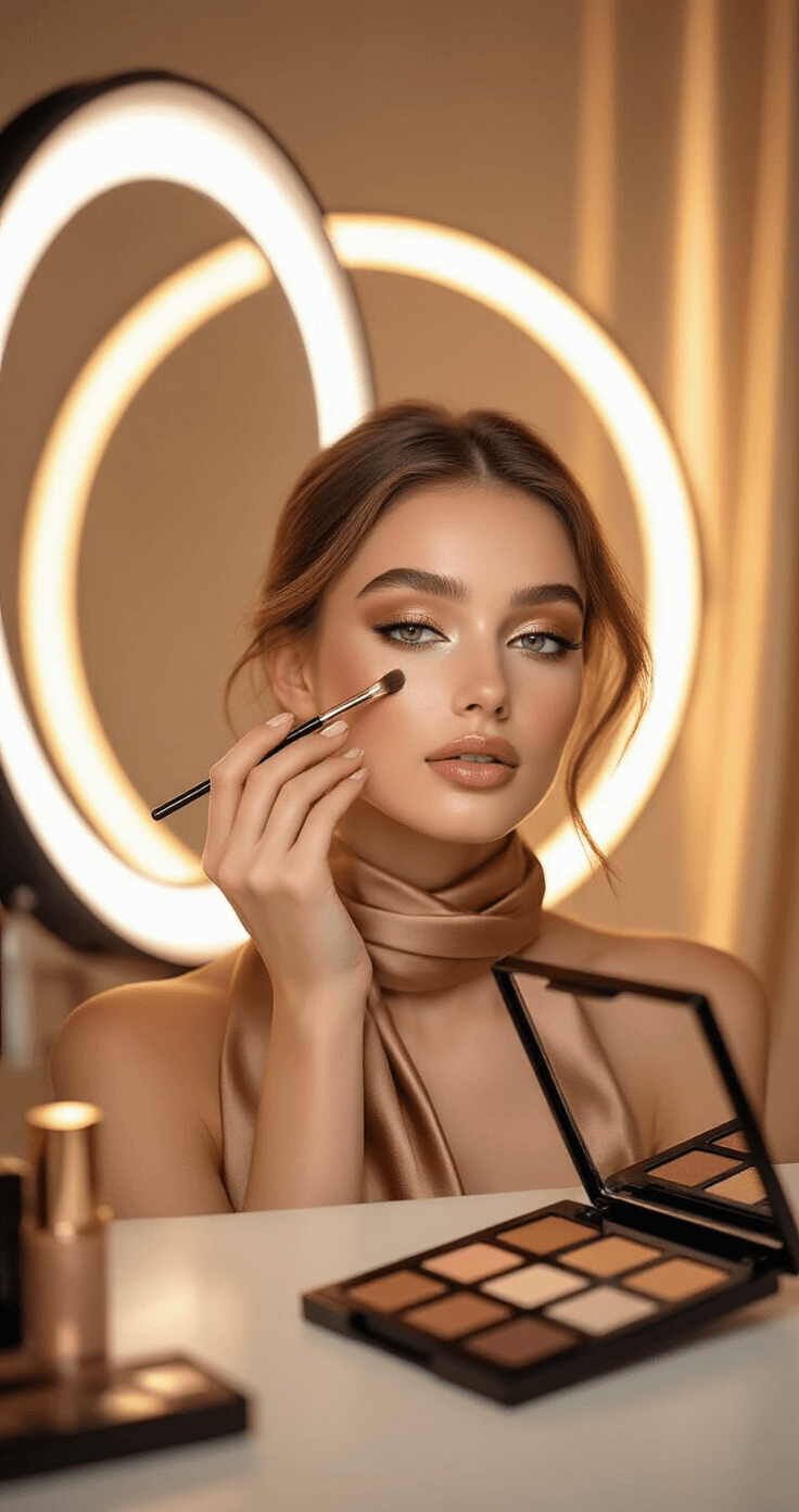 Male Cosplay Makeup Tutorial: Transform Into Your Character with Pro Techniques A model applies subtle eye makeup in a modern studio during golden hour, featuring a neutral brown eyeshadow palette and a silk scarf around her neck, with a professional ring light illuminating her delicate eye area amidst a soft focus background of organized cosmetics.