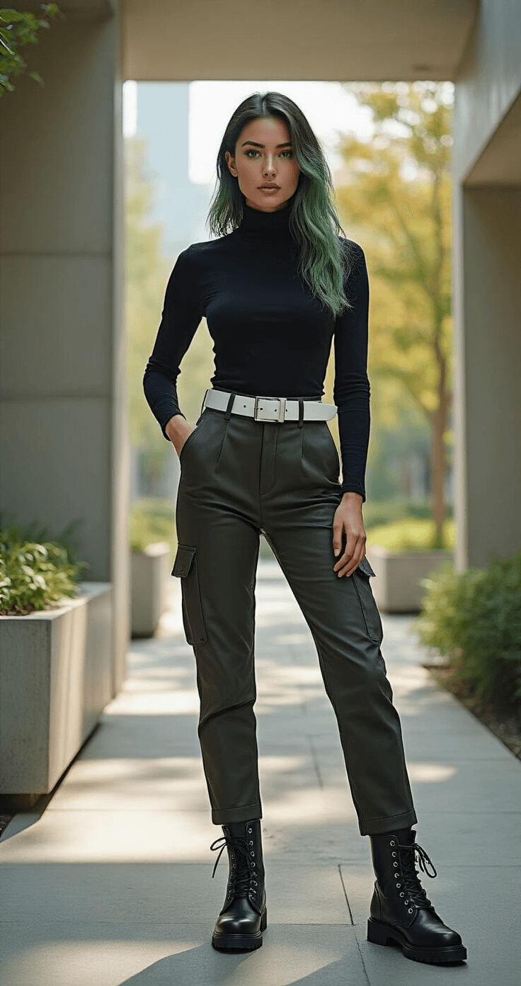 Ultimate Guide to Maki Zenin Cosplay: Nailing the Jujutsu Kaisen Look A confident model poses in a modern urban park during golden hour, wearing a tactical-inspired outfit with a fitted black turtleneck, tailored high-rise pants, and weathered combat boots. Her green-tinted hair catches highlights in the dappled sunlight as she stands against sleek concrete structures and contemporary landscaping, with geometric planters and soft ambient lighting creating a cinematic atmosphere.