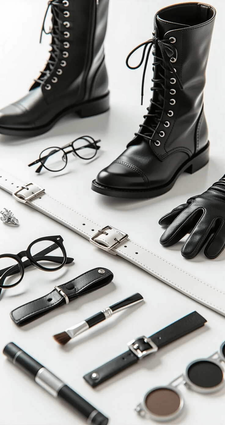 Ultimate Guide to Maki Zenin Cosplay: Nailing the Jujutsu Kaisen Look Detailed macro photograph of costume accessories on a white table, featuring leather boots, metal hardware, fabric weaves, and makeup tools, illuminated with soft diffused lighting to highlight textures and craftsmanship.