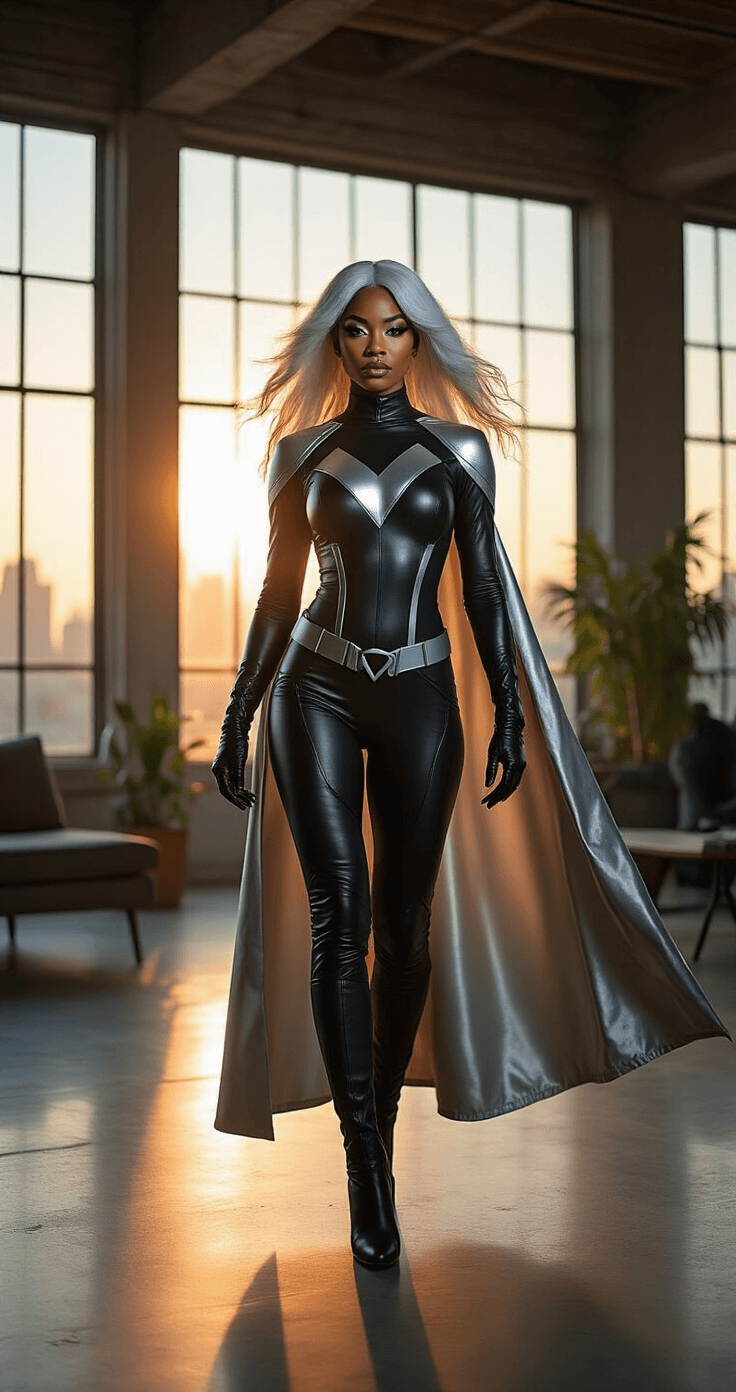 A confident Black woman in a Storm X-Men costume stands in a modern urban loft with floor-to-ceiling windows during golden hour, wearing a sleek black leather bodysuit with silver accents, featuring a dramatic white-silver wig and a billowing metallic cape, while warm sunlight casts dramatic shadows on the polished concrete floors.