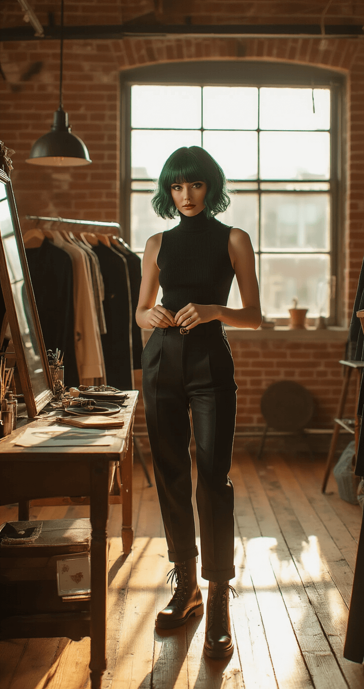 Ultimate Guide to Maki Zenin Cosplay: Nailing the Jujutsu Kaisen Look A woman prepares her character-inspired ensemble in a cozy, sunlit creative workspace with exposed brick walls and industrial windows. She adjusts her black sleeveless turtleneck and high-waisted pants while lacing up combat boots, surrounded by costume pieces, reference materials, and makeup supplies. Warm afternoon light casts a glow on vintage hardwood floors, enhancing the intimate atmosphere.