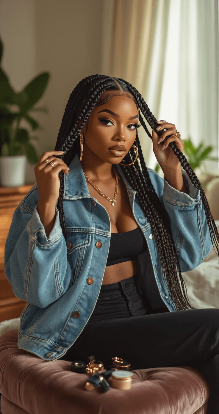 A Black woman recreates Janet Jackson's Poetic Justice look in a cozy, sunlit bedroom, styling long box braids while wearing an oversized denim jacket and fitted black crop top, surrounded by hair accessories, gold hoop earrings, and 90s-inspired makeup on a vanity.