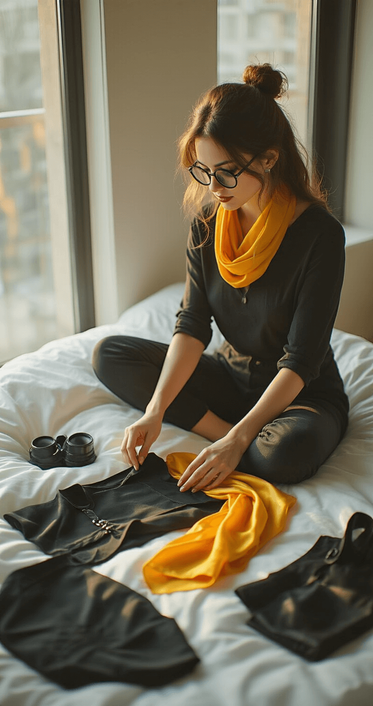 Ultimate Shizuku Cosplay A woman in neutral loungewear meticulously lays out a dark cosplay outfit on white bedding in a minimalist bedroom illuminated by golden hour sunlight, with black fabrics, accessories, and a yellow silk scarf arranged aesthetically.