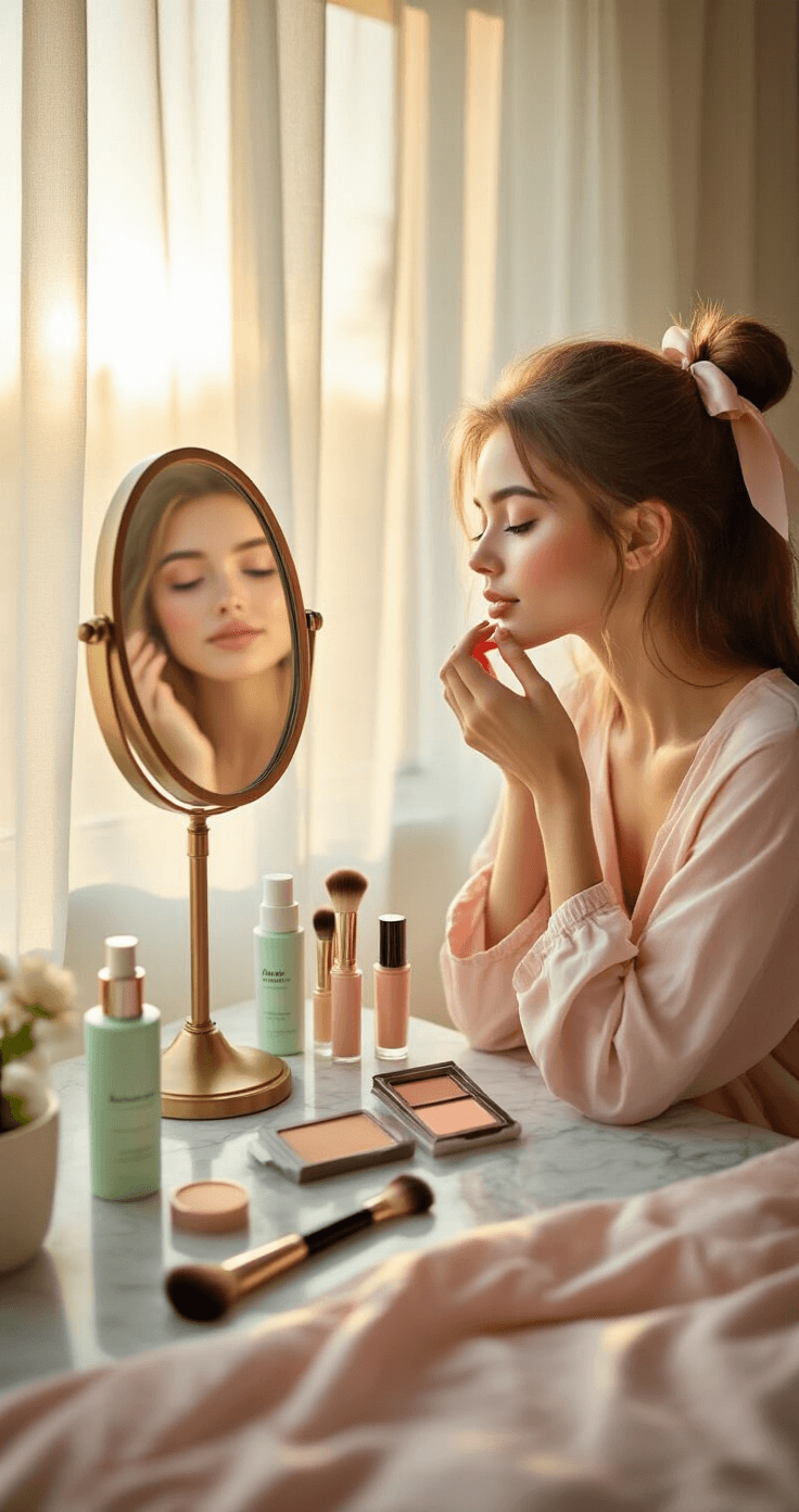 Madoka Kaname Cosplay Makeup Tutorial: Transform into a Magical Girl Cozy bedroom vanity with a young woman in soft pink pajamas applying base makeup in front of a mirror, surrounded by moisturizer bottles, primer tubes, and color-correcting concealers. Natural morning light filters through sheer curtains, enhancing her dewy skin prep routine. Organized makeup brushes rest on a marble surface, with a silk hair ribbon adding a touch of elegance. Golden hour glow creates a serene atmosphere, captured in DSLR quality with dreamy bokeh.