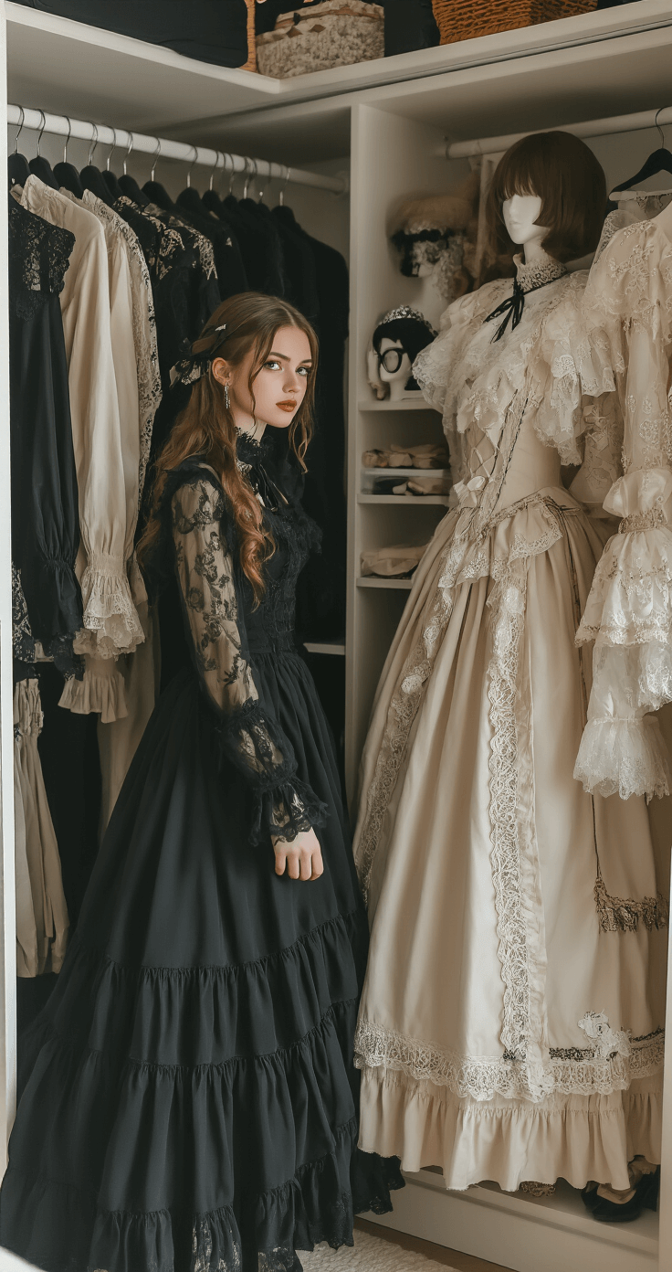 Ultimate Shizuku Cosplay A young woman thoughtfully compares a dramatic black outfit and a pale Gothic Lolita dress in a spacious walk-in closet, illuminated by soft morning light, with neatly arranged accessories highlighting her decision-making process.