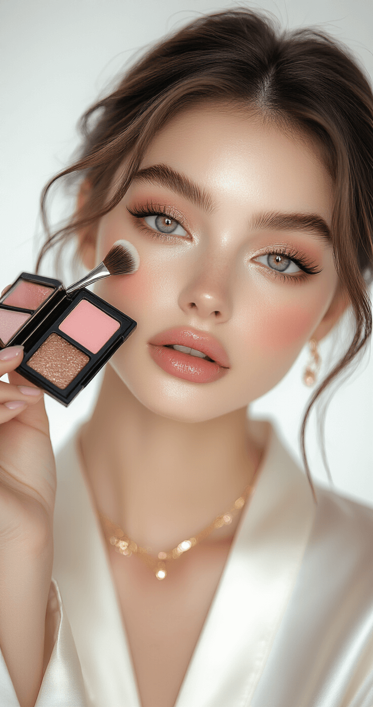 Madoka Kaname Cosplay Makeup Tutorial: Transform into a Magical Girl Close-up of a model's eye with soft pink and brown eyeshadow, dramatic false lashes being applied, wearing a cream silk robe and delicate gold jewelry, surrounded by makeup tools in a minimalist white studio with soft ambient lighting.