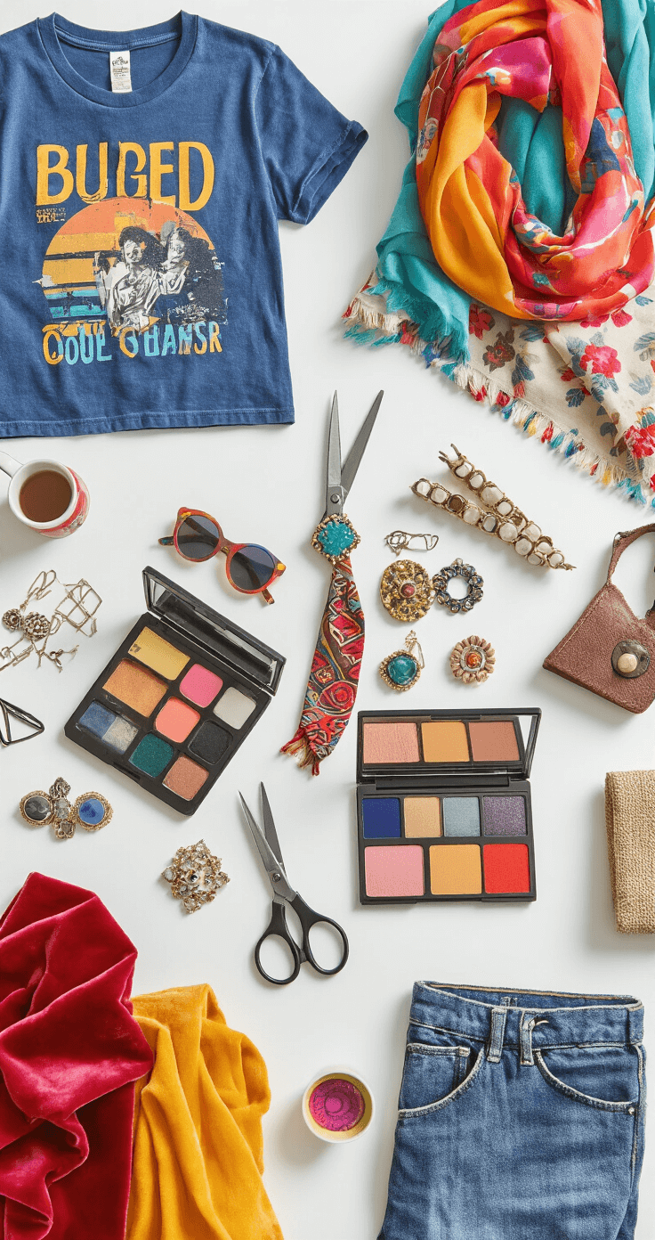 A bright, minimalist studio flat lay featuring thrift store finds for budget-friendly costume creation, including vintage band t-shirts, colorful scarves, statement jewelry, and makeup palettes arranged on a white surface, alongside fabric scissors, safety pins, and various textured materials like denim, velvet, faux leather, and jewel-toned cotton fabrics, all illuminated by natural daylight.