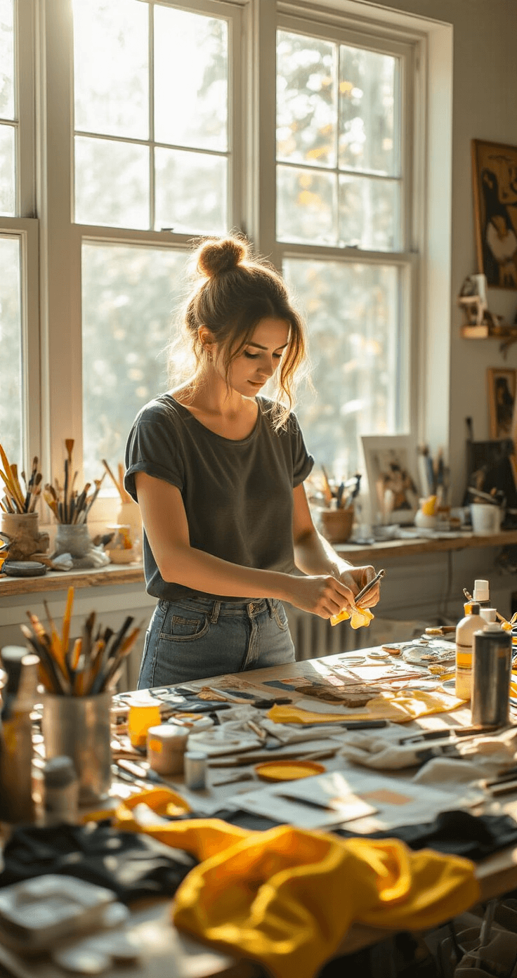 Ultimate Shizuku Cosplay A woman actively constructing costume props in a bright craft room filled with various materials, natural light flooding through large windows, surrounded by tools and partially completed projects, wearing a casual outfit with rolled-up sleeves.