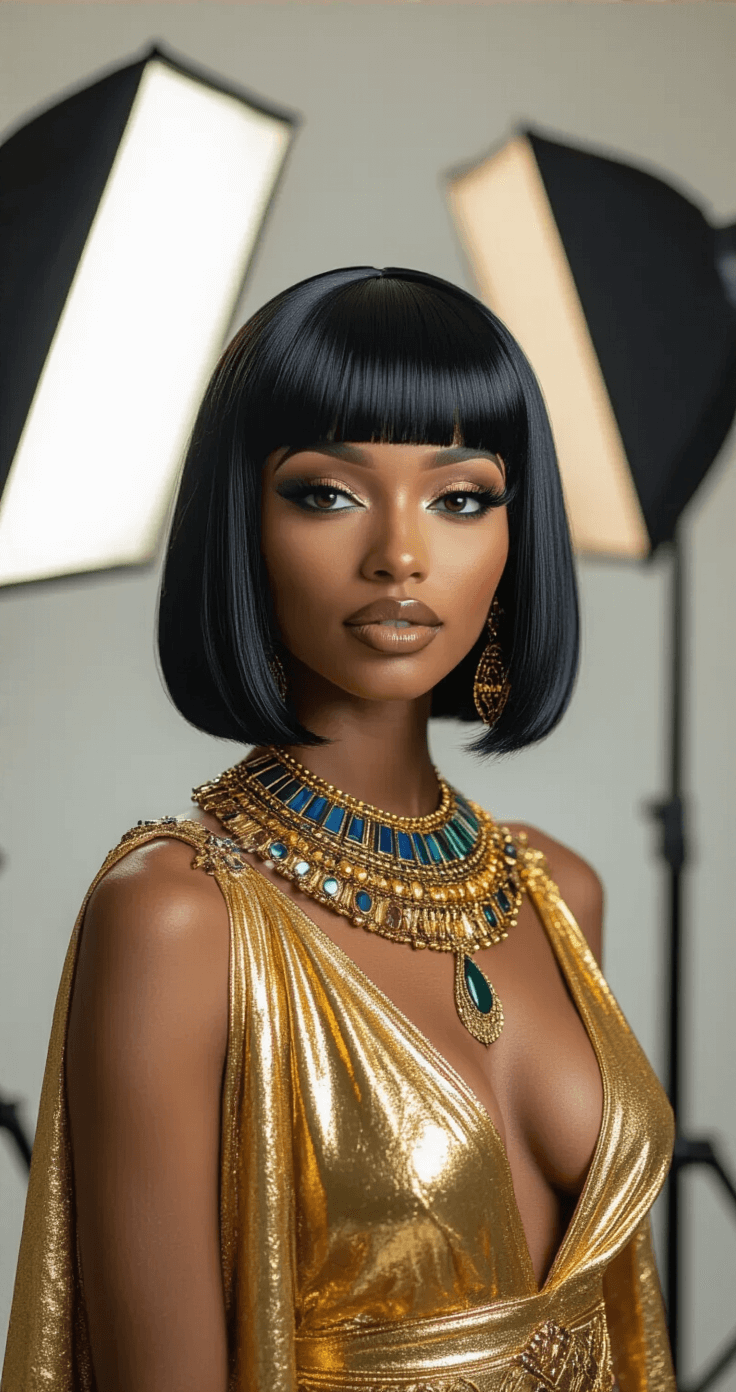 A Black woman poses in a photography studio for Halloween costume photos, wearing a regal Cleopatra-inspired costume with gold lamé fabric and beaded accessories. The professional lighting setup includes softboxes illuminating her sleek bob wig with geometric bangs, while various props and a clean backdrop contribute to a playful, behind-the-scenes atmosphere.