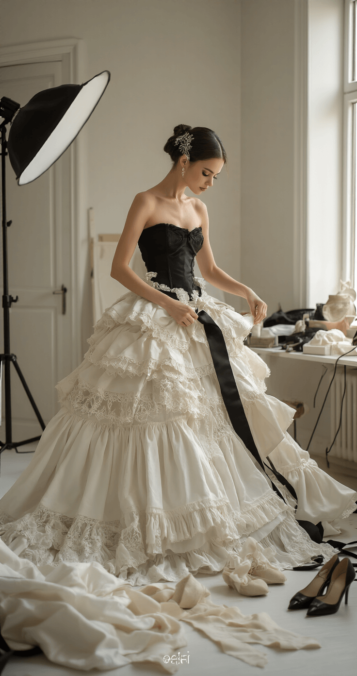 Ultimate Shizuku Cosplay An elegant woman styles an elaborate layered costume in a sophisticated home studio, surrounded by fabric components and accessories, under soft afternoon light and professional lighting.