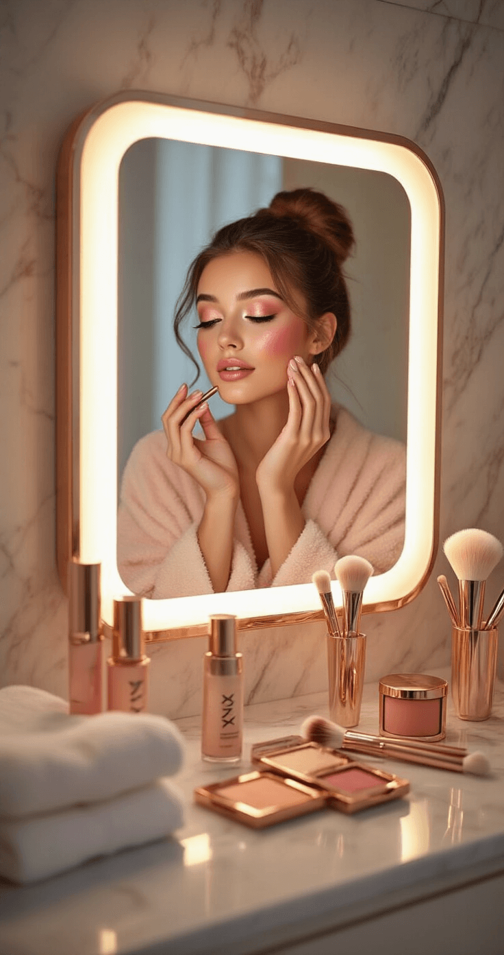 Madoka Kaname Cosplay Makeup Tutorial: Transform into a Magical Girl A young woman in a blush pink robe applies makeup at a luxurious bathroom counter, with warm LED mirror lighting and organized beauty products like NYX shimmer and Urban Decay spray on a marble surface. The scene captures a spa-like ambiance with fluffy cream towels and soft focus, showcasing her final makeup transformation ritual.