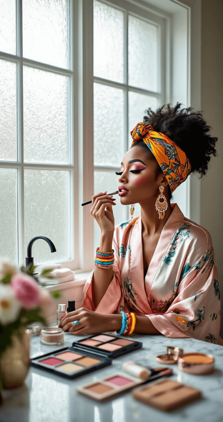 A Black woman in a silk robe applies colorful makeup in a stylish bathroom filled with natural morning light, surrounded by costume elements like a vibrant headwrap, statement earrings, and colorful bangles, while a marble countertop displays an array of beauty products and fresh flowers enhance the intimate transformation scene.