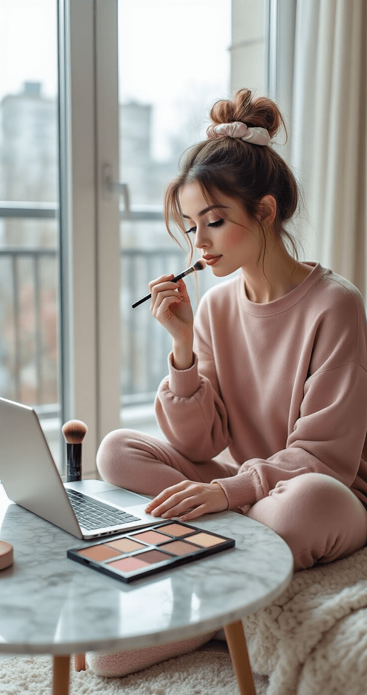 Madoka Kaname Cosplay Makeup Tutorial: Transform into a Magical Girl Young woman in athleisure practicing cosplay makeup techniques in a chic urban apartment living room, surrounded by makeup tools and a laptop showing tutorials, with floor-to-ceiling windows letting in soft afternoon light.