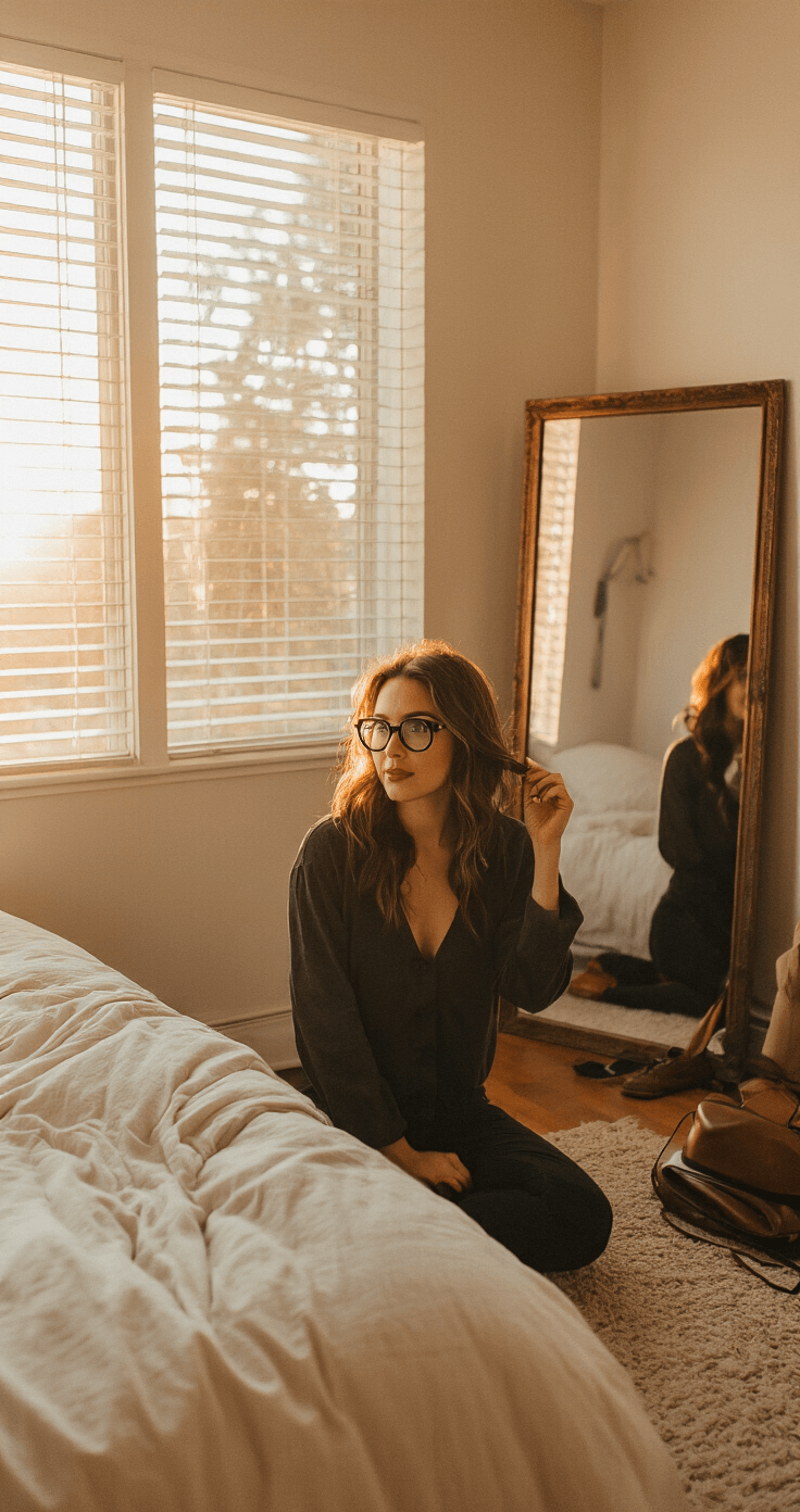 Ultimate Shizuku Cosplay A stylish woman practices character poses in a cozy bedroom corner during golden hour, dressed in a casual, character-inspired outfit. Soft window light creates a dreamy atmosphere, showcasing her experimenting with expressions in front of a full-length mirror, with costume references nearby. The scene is warm and intimate, blending golden tones with deep blacks and soft neutrals.