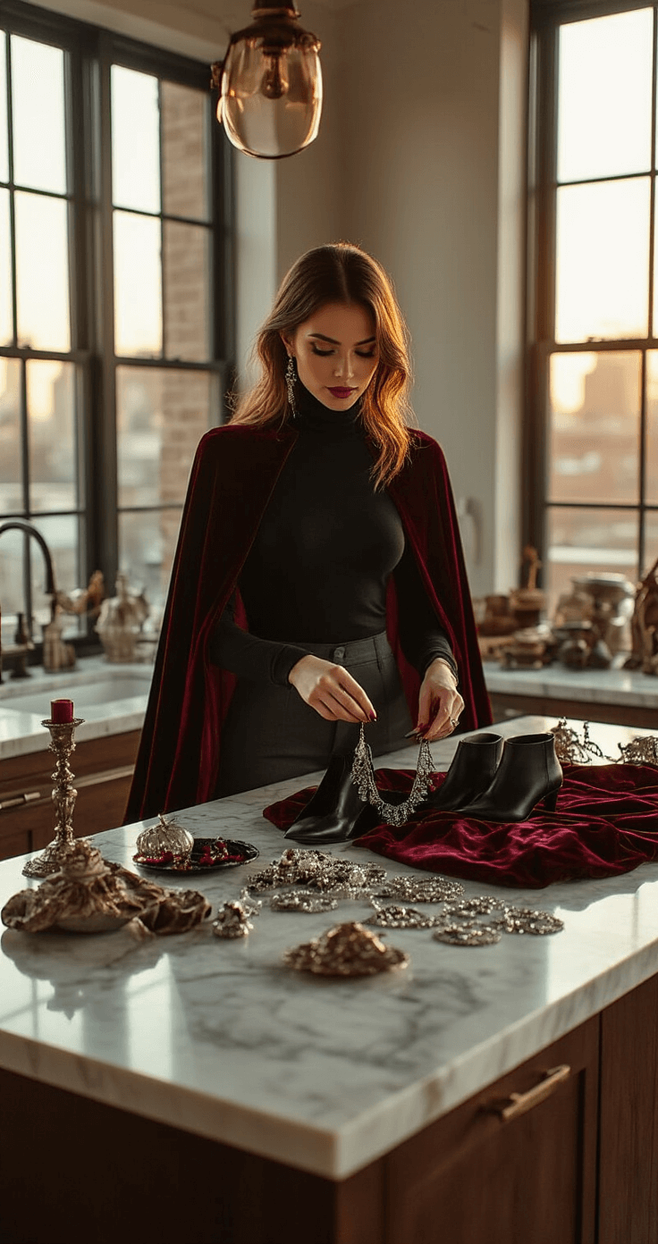 A stylish woman in a chic urban loft, bathed in golden hour light, selects budget-friendly Halloween accessories from a marble kitchen island, featuring vintage vampire-inspired pieces like a burgundy cape and silver jewelry, while dressed in a minimalist black turtleneck and high-waisted trousers.