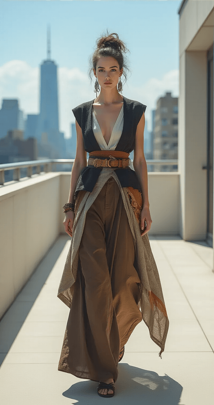 Ultimate Shizuku Cosplay A confident woman showcases a final costume look on a clean urban balcony in bright afternoon sunlight, highlighting fabric textures and expert layering against a minimalist city backdrop.
