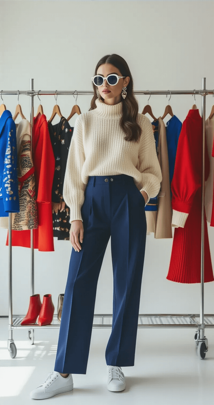 A fashion-forward woman styles pop culture icon costumes in a bright, minimalist studio with crisp natural lighting, showcasing colorful outfits on racks. She wears a cream cashmere sweater and navy pants, accessorized with statement sunglasses and geometric jewelry. The vibrant color palette includes electric blues, reds, and chrome silver, with a modern aesthetic highlighted from an elevated angle.
