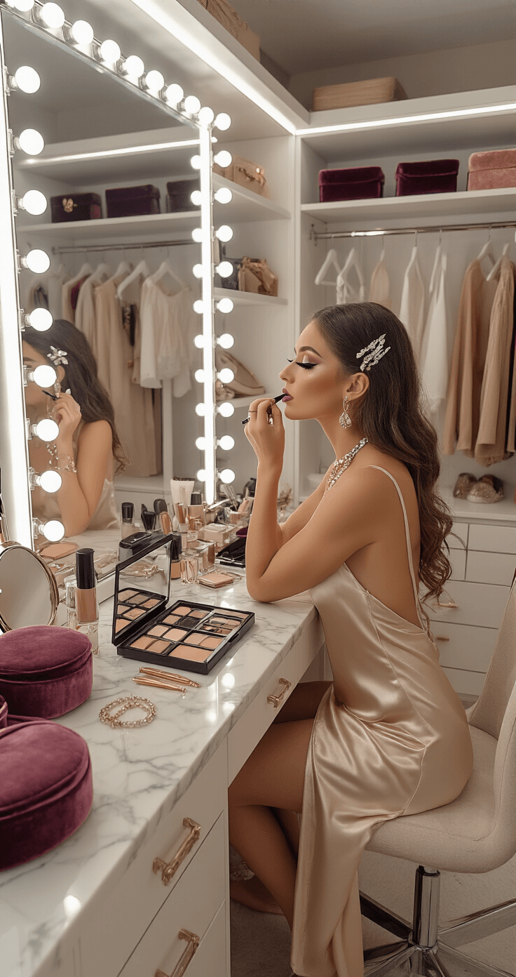 Madoka Kaname Cosplay Makeup Tutorial: Transform into a Magical Girl A model in a champagne silk slip dress applies final touches to her magical girl makeup in a sophisticated walk-in closet with professional vanity lighting. The organized beauty station features a mix of high-end and drugstore makeup, a professional lighting mirror, and jewel-toned velvet makeup bags. The scene captures various textures, including marble surfaces and soft velvet, while layered necklaces and scattered hair clips add to the luxurious atmosphere.