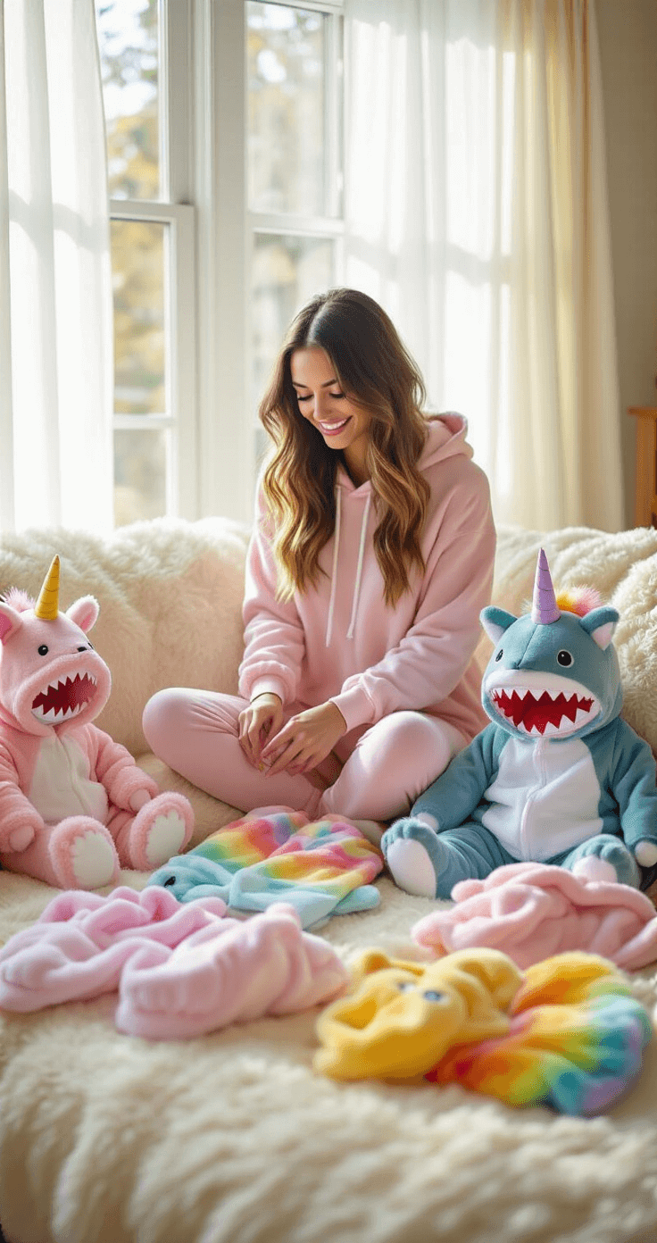 A cheerful woman in a cozy, sunlit living room organizes colorful animal onesies on a plush cream sofa, wearing a pink hoodie and leggings, with whimsical accessories like fuzzy slippers and novelty headbands scattered around.