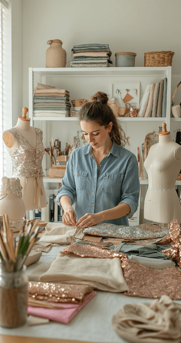 A creative woman in a bright craft room works on DIY costume builds, surrounded by organized white storage filled with fabric swatches and supplies. She wears a chambray shirt and black leggings, handling various textures of fabric. Handmade costume elements displayed on dress forms showcase intricate details, all set against a soothing color palette of sage green, dusty rose, and copper metallics.